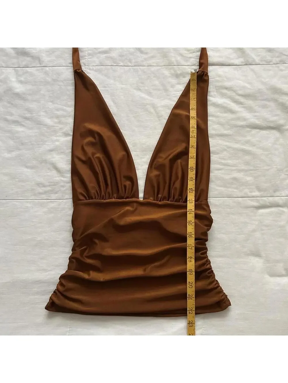 Orange Brown ruched halter neck top with tie detail Size medium - Picture 5 of 6